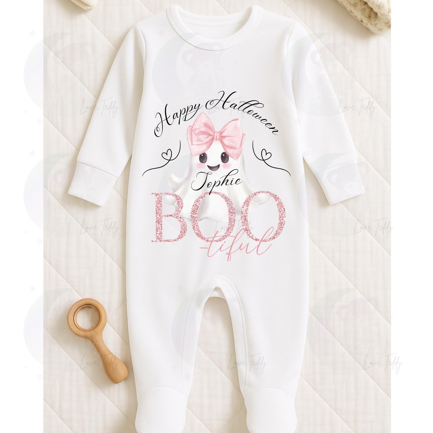 happy Halloween my first baby vest bodysuit sleepsuit baby grow ghost cute too cute to spook bootiful pink bow tie personalised romper