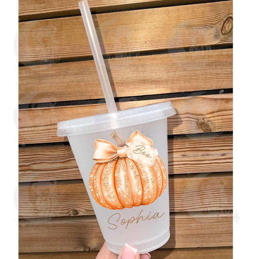 Halloween pumpkin cute girly bow tag frosted cup with straw tumbler kids 16oz boo basket gift personalised autumn reusable