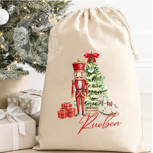 Personalised Nutcracker Christmas Tree Theme Canvas Sack