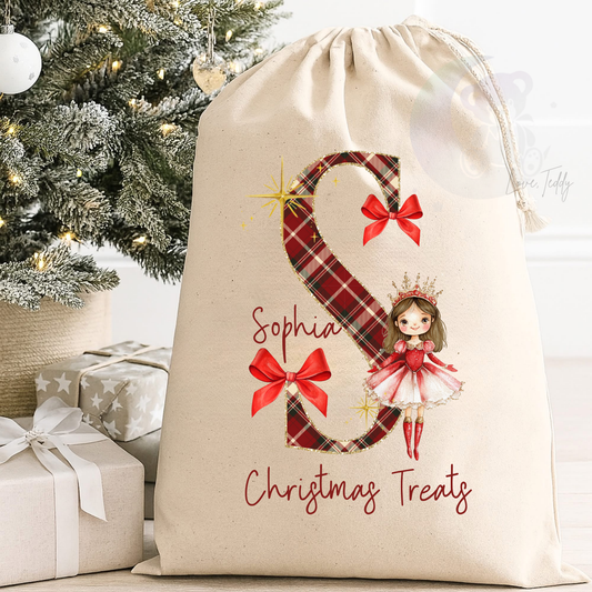 Personalised Tartan Letter Sugarplum Fairy Christmas Canvas Sack