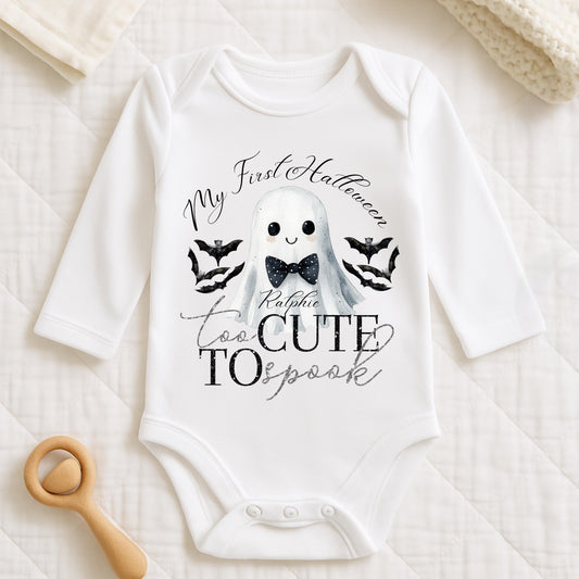 happy Halloween my first Halloween baby vest bodysuit sleepsuit baby grow ghost cute too cute to spook bootiful pink bow tie personalised