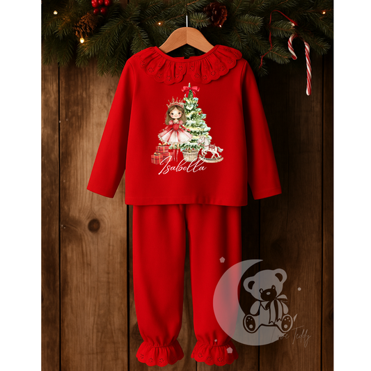 Personalised Sugarplum Fairy Christmas Pyjama - Red Long Sleeve Frill