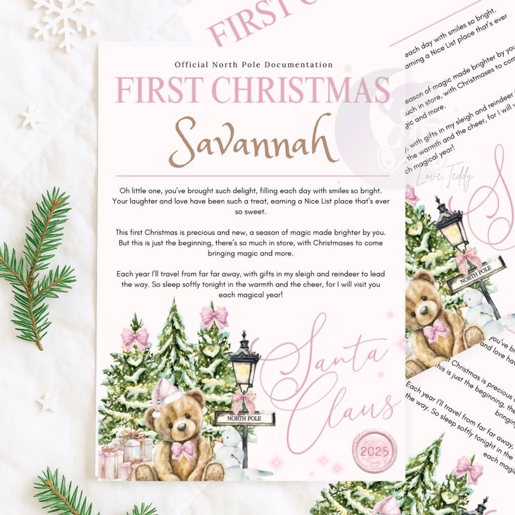 First Christmas Letter From Santa Pink Teddy Bear