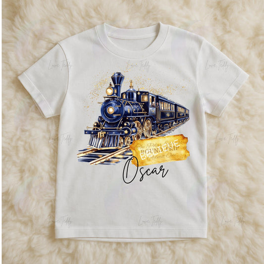 Christmas Polar Express Train Golden Ticket T-shirt - Blue