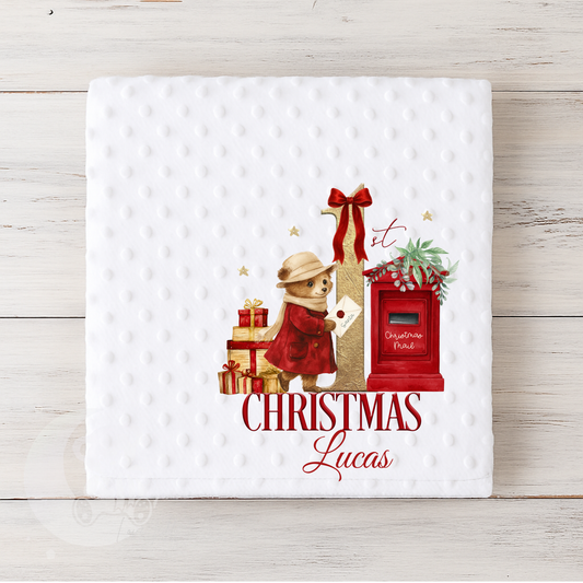 Personalised 1st First Christmas Baby Bubble Blanket - Red Coat Bear Santa Mail