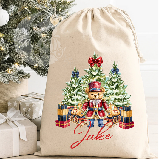 Personalised Nutcracker Bear Christmas Tree Theme Canvas Sack