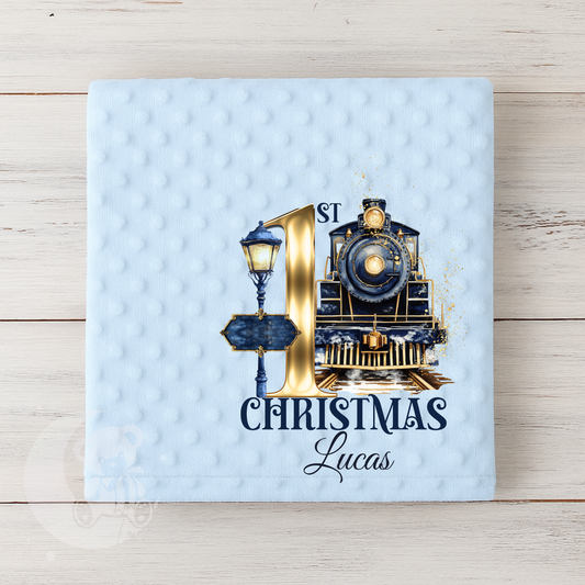 Personalised 1st First Christmas Baby Bubble Blanket - Polar Express Blue