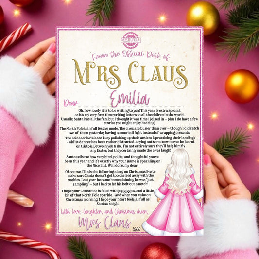 Mrs Claus Christmas letter letter from Santa pink premium quality card with envelope and wax design solvent seal Christmas Eve Christmas box