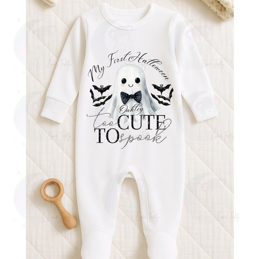 happy Halloween my first baby vest bodysuit sleepsuit baby grow ghost cute too cute to spook bootiful pink bow tie personalised romper