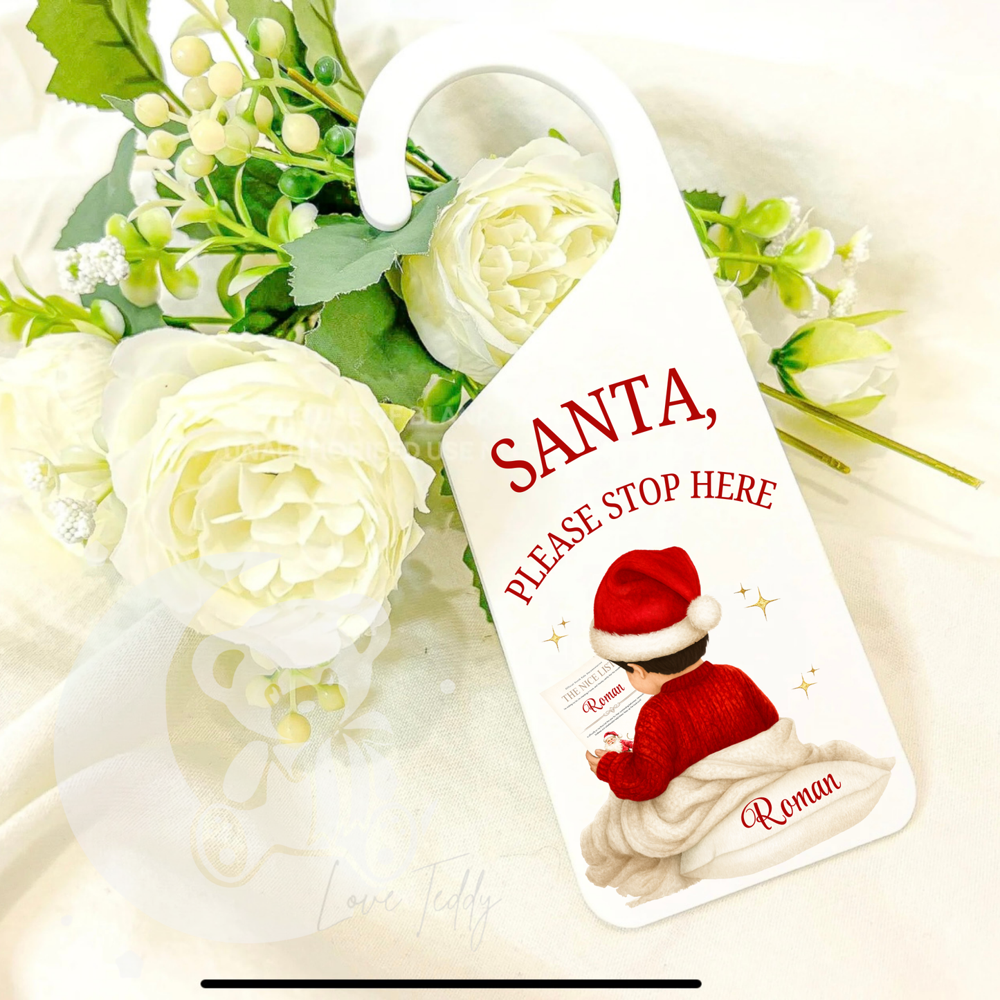 Personalised The Nice List Door Hanger - Boys ‘Santa please stop here’