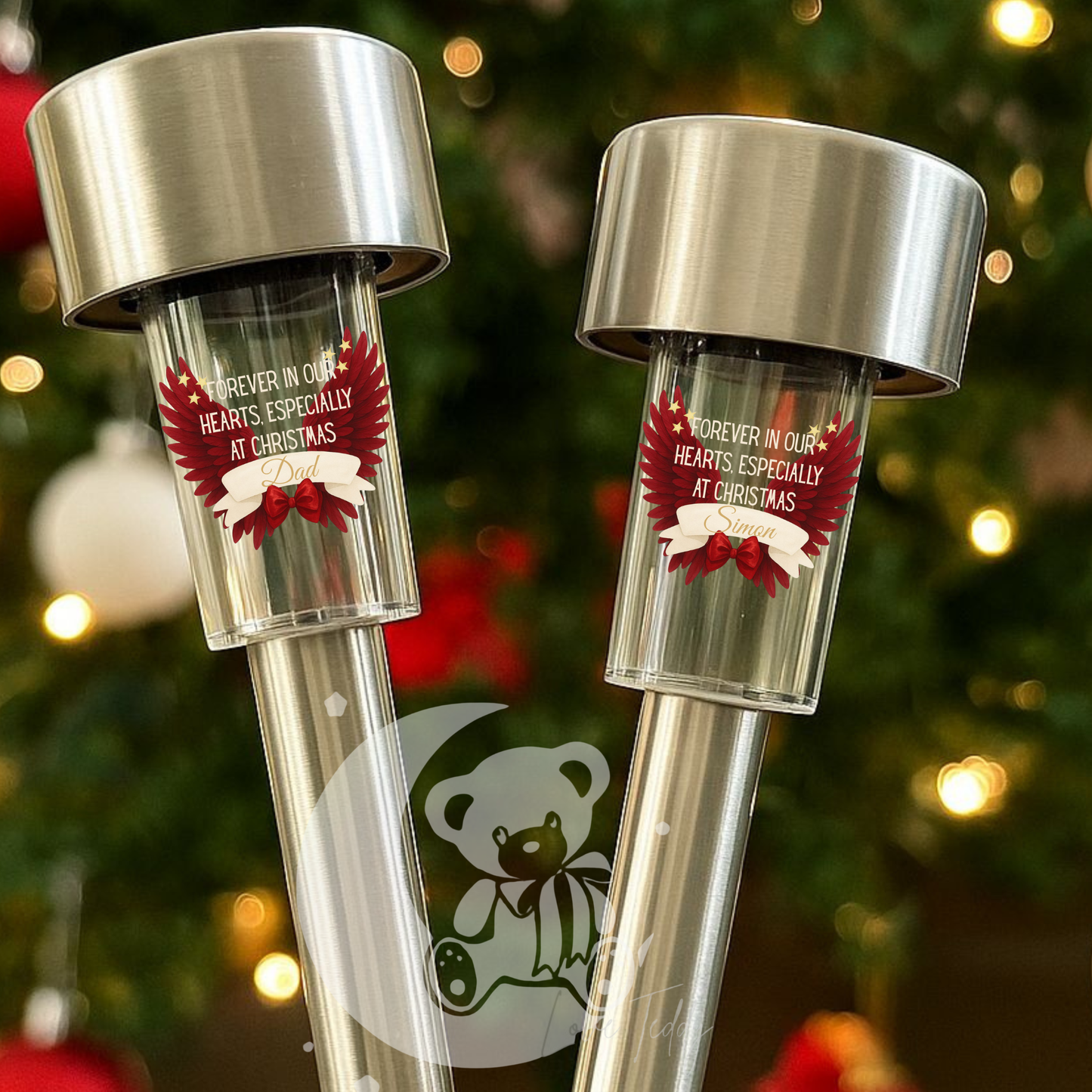 Christmas memorial angel wings red candle gift & solar light set - fully customisable garden decor and indoor candle light