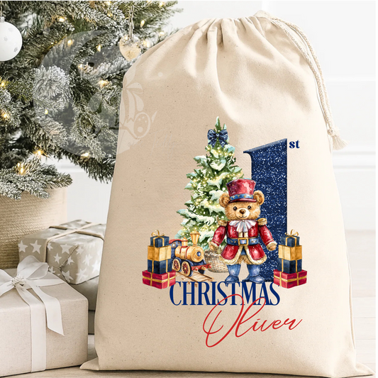 Personalised 1st First Christmas Nutcracker Bear Theme Canvas Sack
