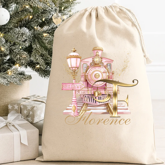 Personalised Christmas Polar Express Initial Sack - Pink