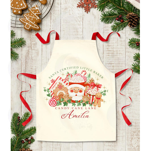 Santa Christmas North Pole village bakery Fair Trade Kids Craft baking Apron in natural cotton with red ties Christmas Eve Christmas gift