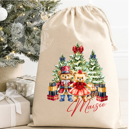 Personalised Nutcracker Bear & Fairy Bear Theme Christmas Canvas Sack