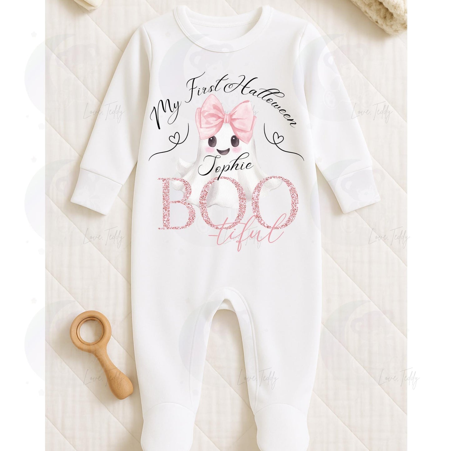 happy Halloween my first baby vest bodysuit sleepsuit baby grow ghost cute too cute to spook bootiful pink bow tie personalised romper