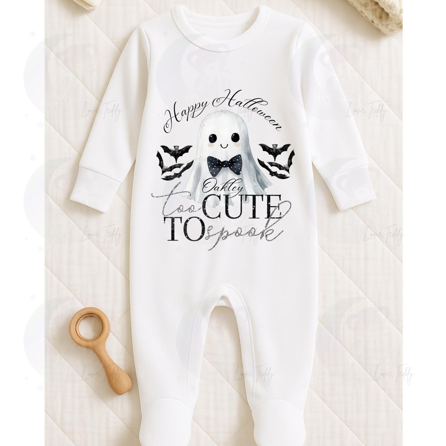 happy Halloween my first baby vest bodysuit sleepsuit baby grow ghost cute too cute to spook bootiful pink bow tie personalised romper