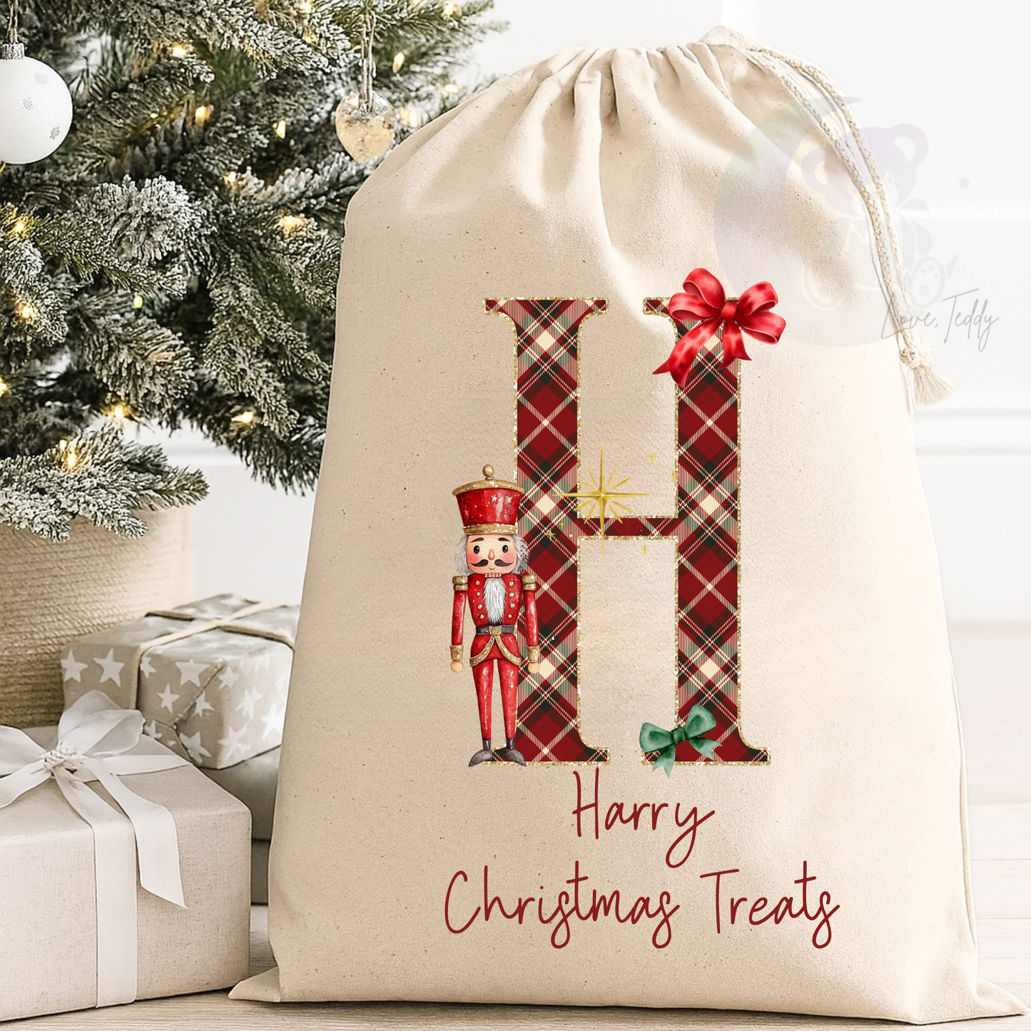 Personalised Tartan Letter Nutcracker Christmas Canvas Sack