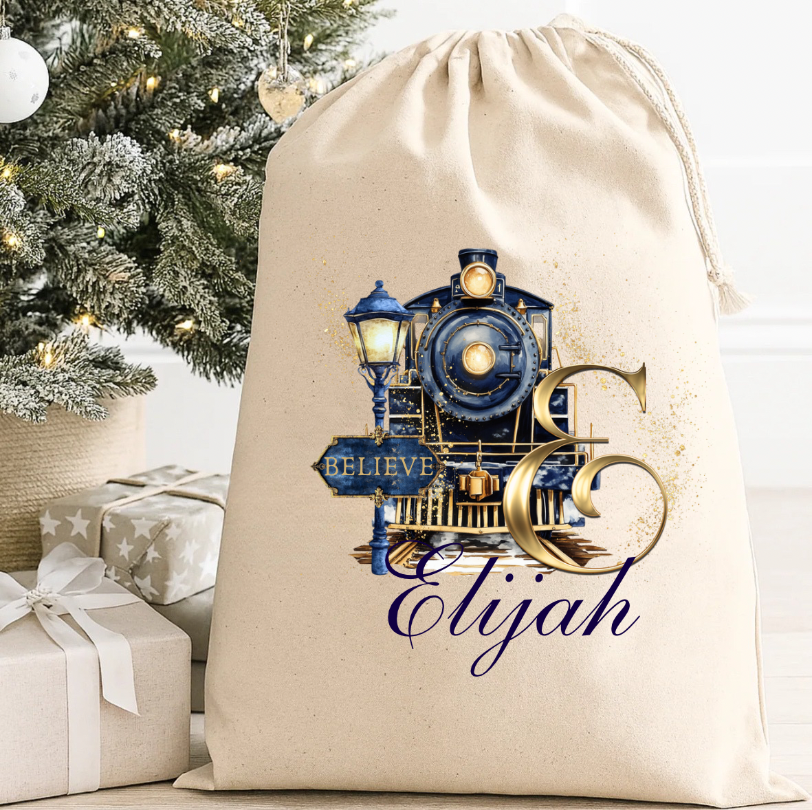 Personalised Christmas Polar Express Initial Sack - Blue