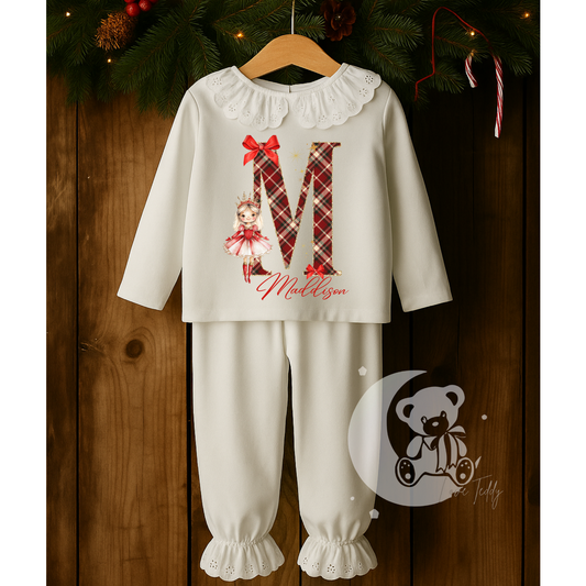 Personalised Tartan Letter Sugarplum Fairy Christmas Pyjama - White Long Sleeve Frill