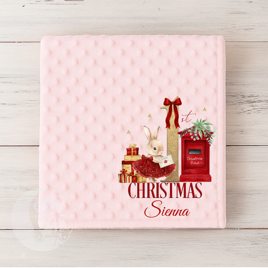 Personalised 1st First Christmas Baby Bubble Blanket - Red Tutu Bunny Santa Mail