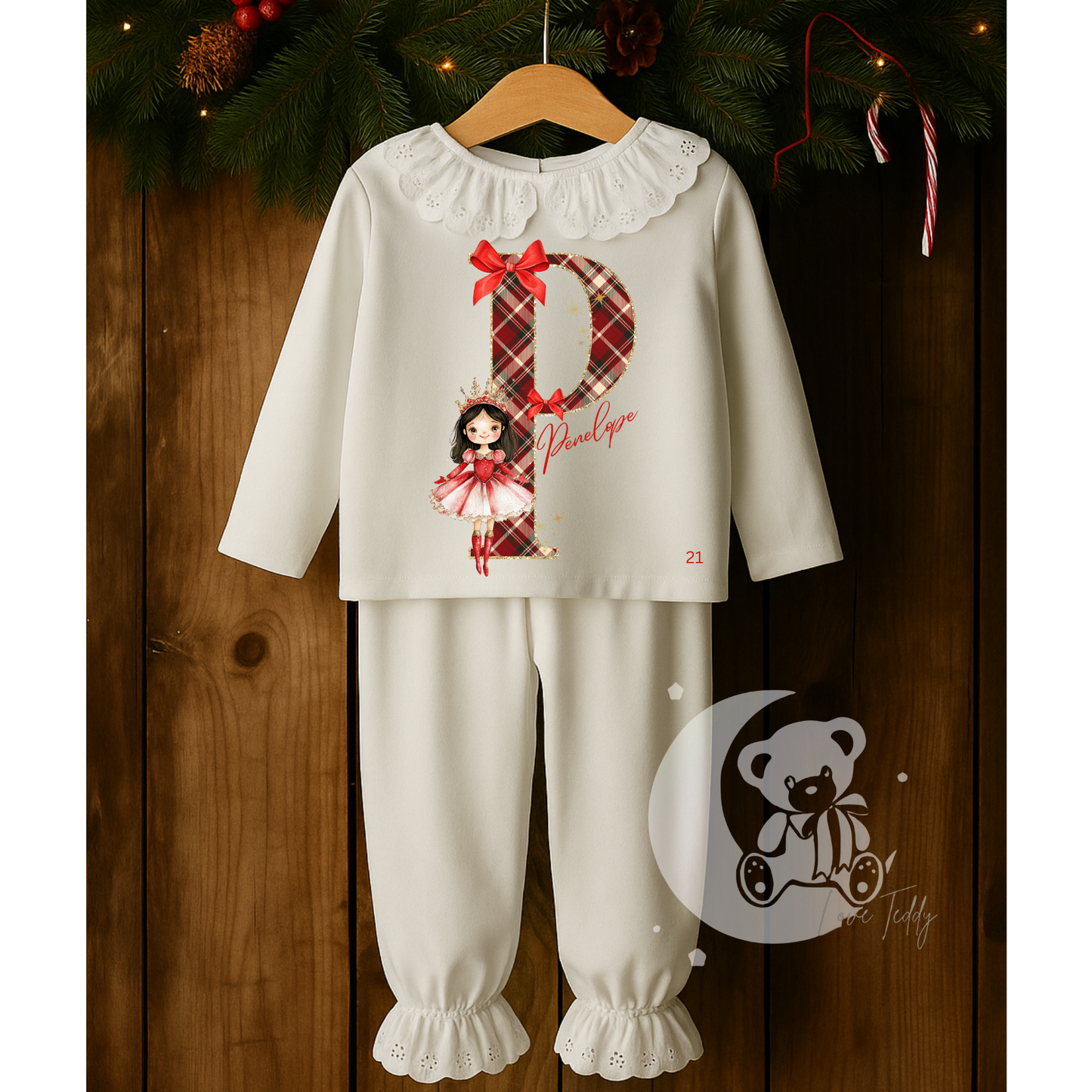 Personalised Tartan Letter Sugarplum Fairy Christmas Pyjama - White Long Sleeve Frill