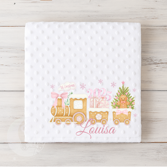 Personalised 1st First Christmas Baby Bubble Blanket - Pink Gingerbread Train