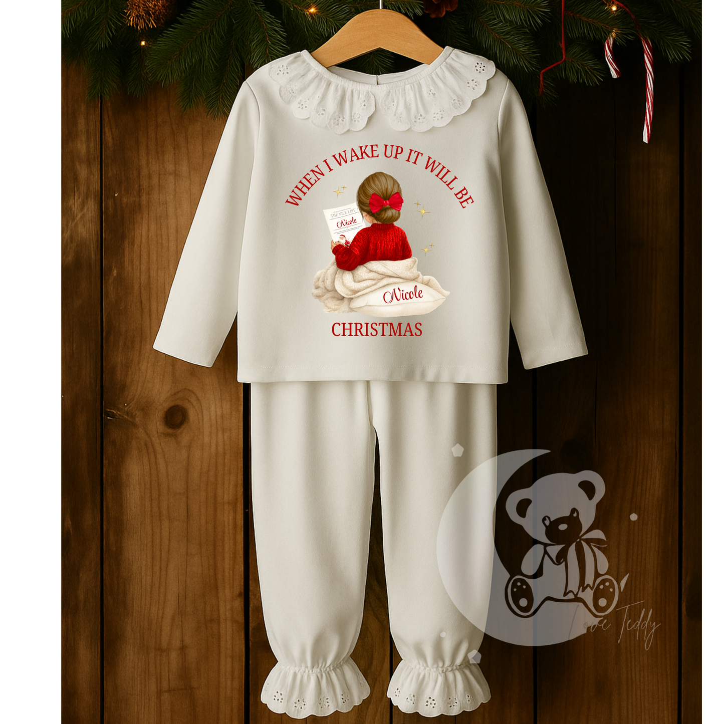 Personalised The Nice List Christmas Pyjama - White Long Sleeve Frill