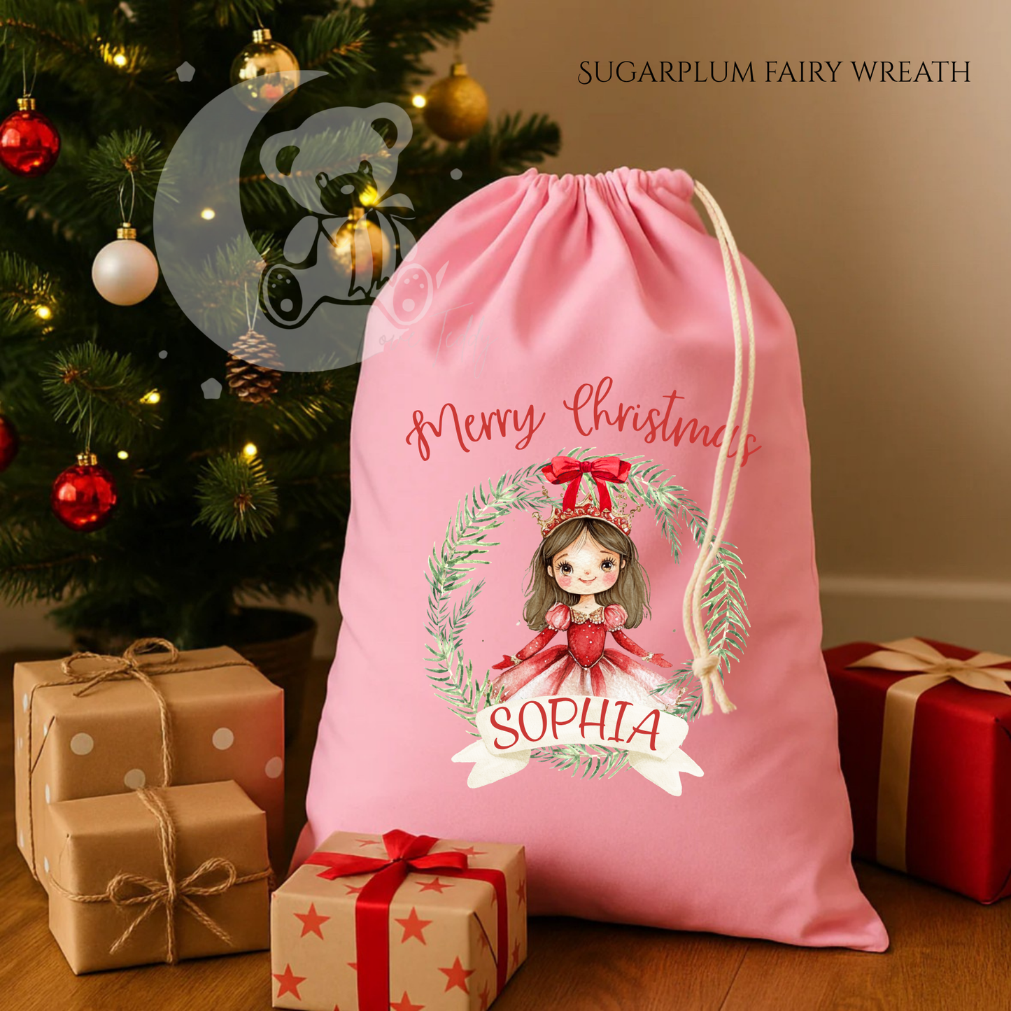 Pink Girly Sugarplum Fairy Personalised Sack - 100% Cotton