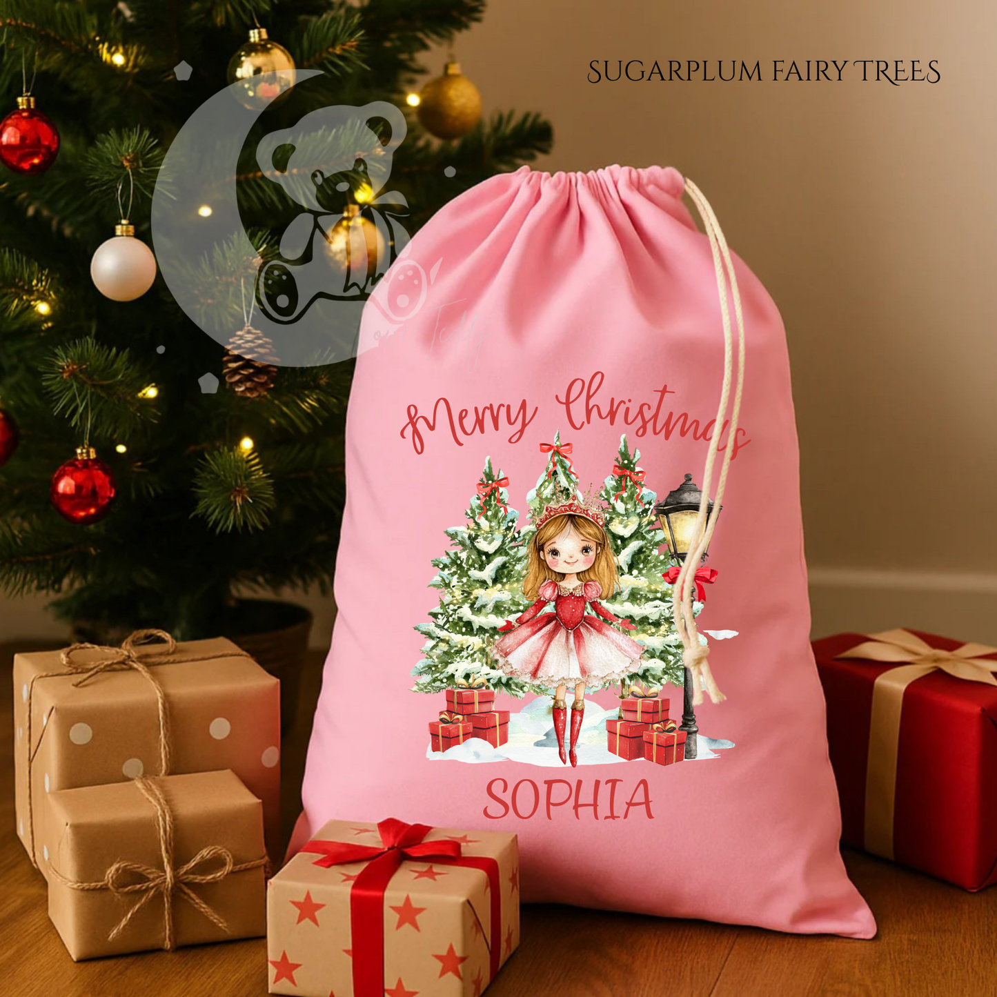 Pink Girly Sugarplum Fairy Personalised Sack - 100% Cotton