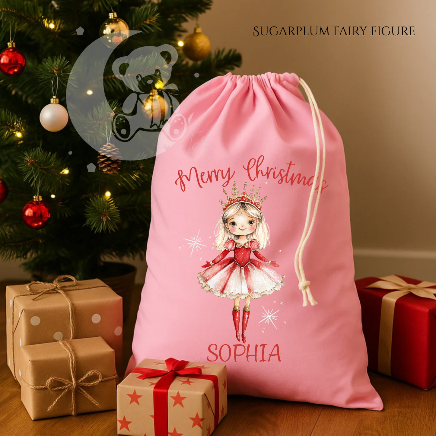 Pink Girly Sugarplum Fairy Personalised Sack - 100% Cotton
