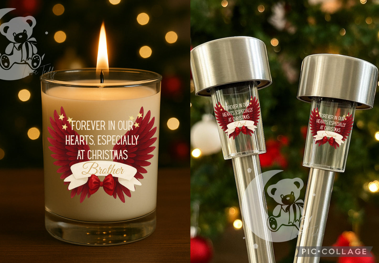 Christmas memorial angel wings red candle gift & solar light set - fully customisable garden decor and indoor candle light