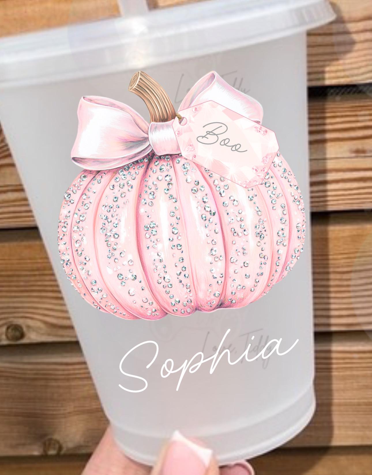 Halloween pumpkin cute girly bow tag frosted cup with straw tumbler kids 16oz boo basket gift personalised autumn reusable